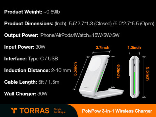 Torras 3-in-1 Wireless MagSafe Charging Station White APPLE WATCH TORRAS